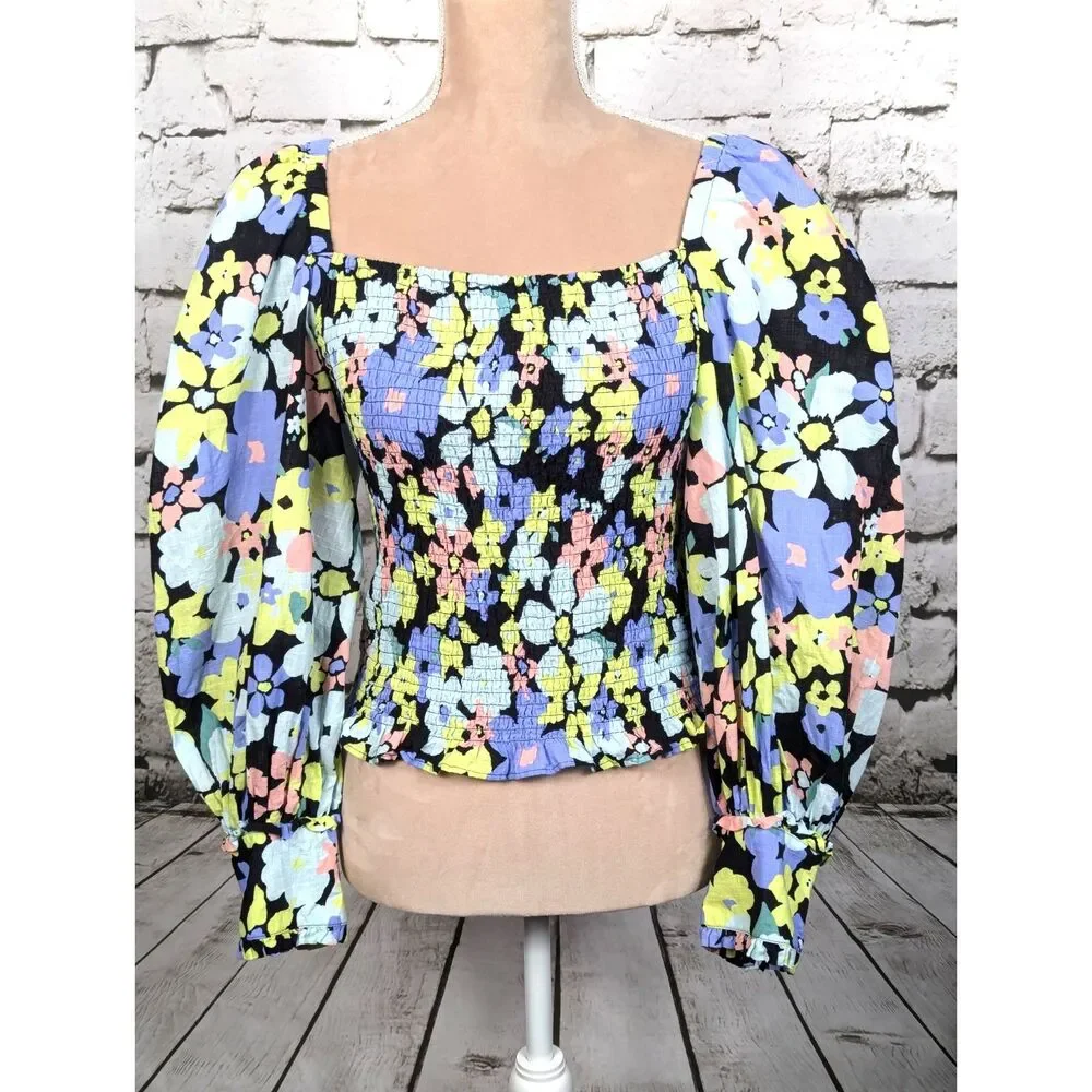 FREE PEOPLE Ariana Smocked Floral Top Boho Cottage Hippie Festival Cropped Small